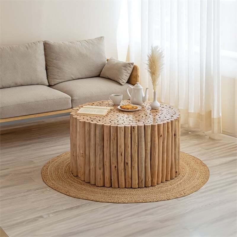 Pemberly Row Contemporary Jungle Wood Coffee Table in Natural Color
