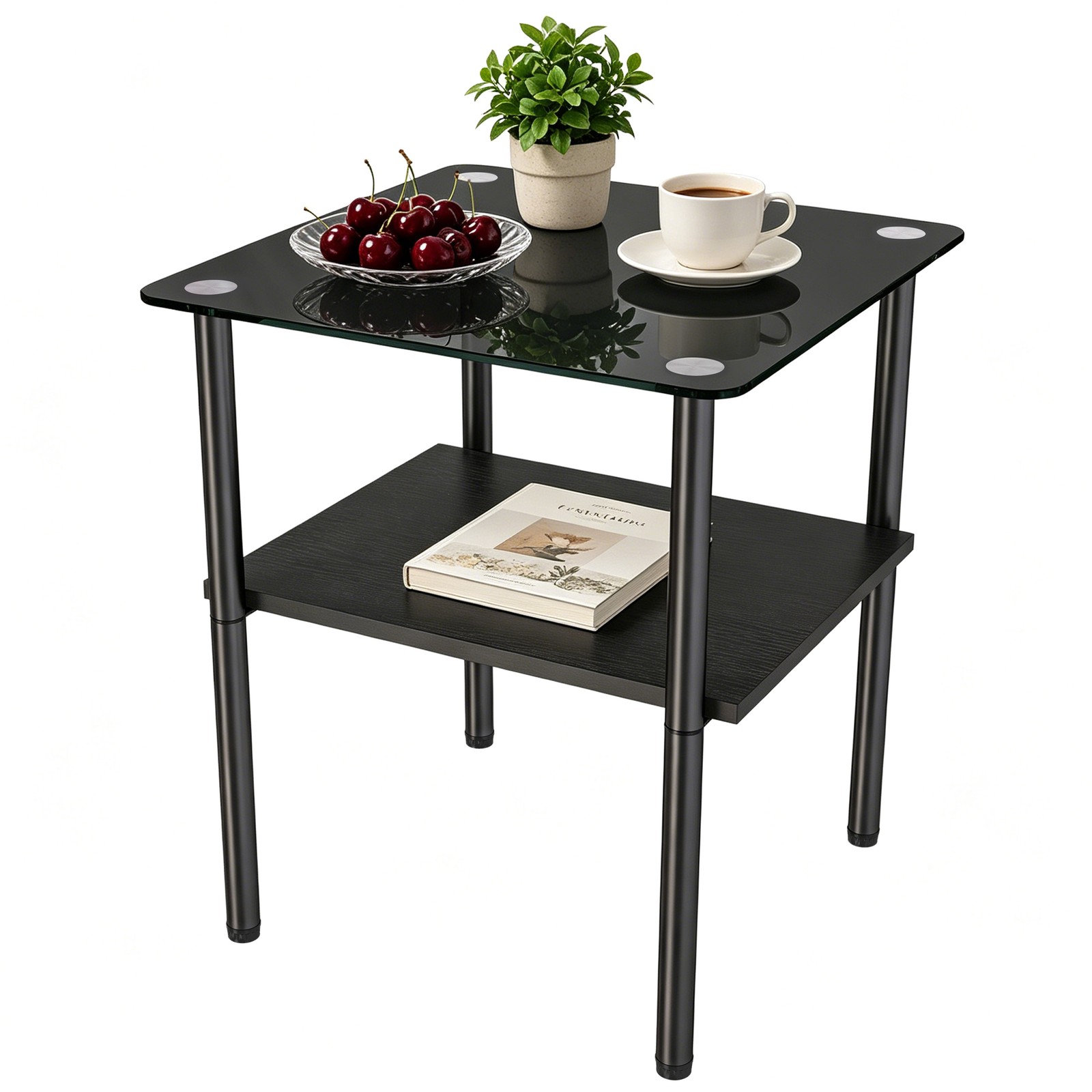 2-Piece Rectangular Glass Side Table, Tempered Glass Top, MDF Shelf, Black