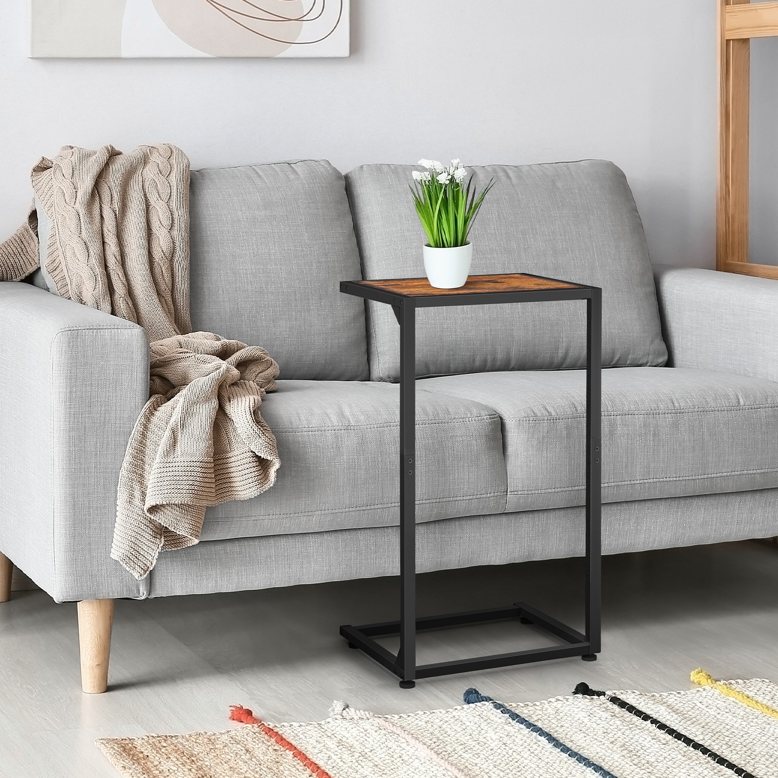 Set of 2 Rustic Brown C-Shaped Tables, End Table for Living Room & Small Spaces