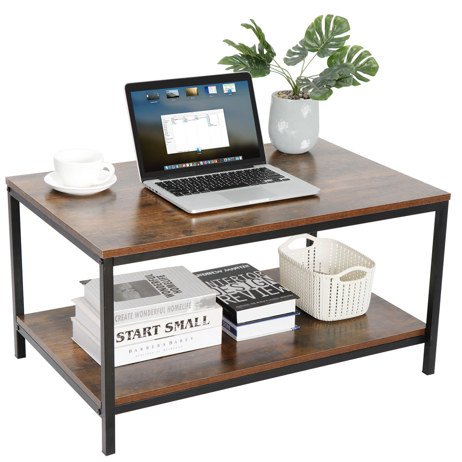 Coffee Table Shelf Storage Drawer Metal Feet Retro Style Home Deep/Light Wood