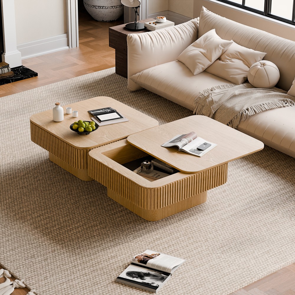 31.5” Square Coffee Table with Storage Solid Wood Veneered, Natural Wood