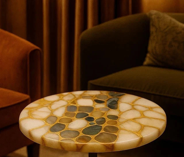 15″ Round Quartz & Multicolor Agate Table – Stone Inlay Coffee Table –Luxe Decor