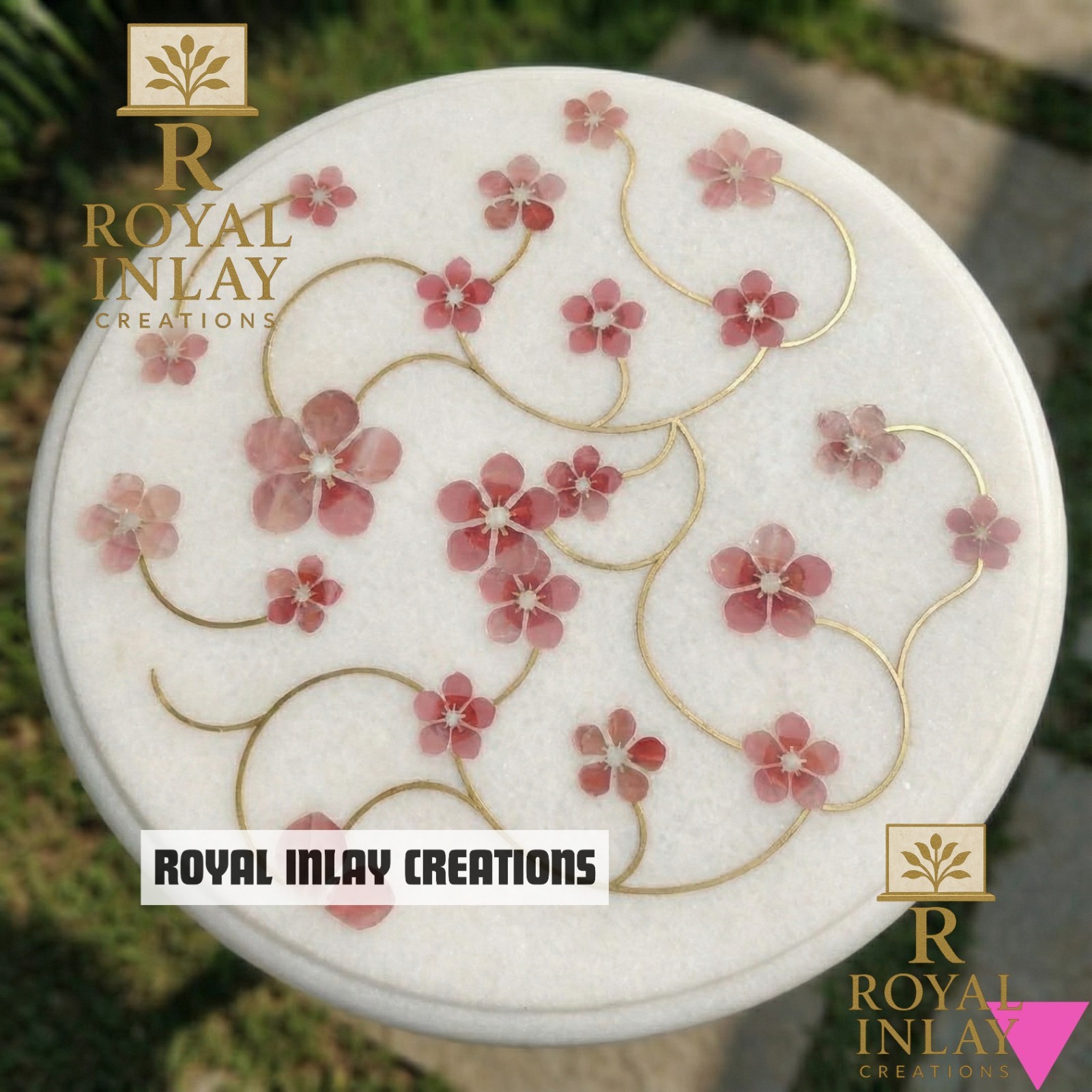 Hand-Inlaid Marble Tabletop with Pink Floral Design 21″