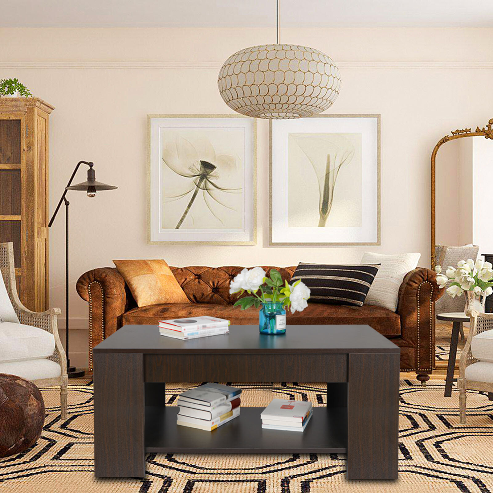 Luxury Unique Lift-top Coffee Table Hidden Storage Durable Home Tea Table Black