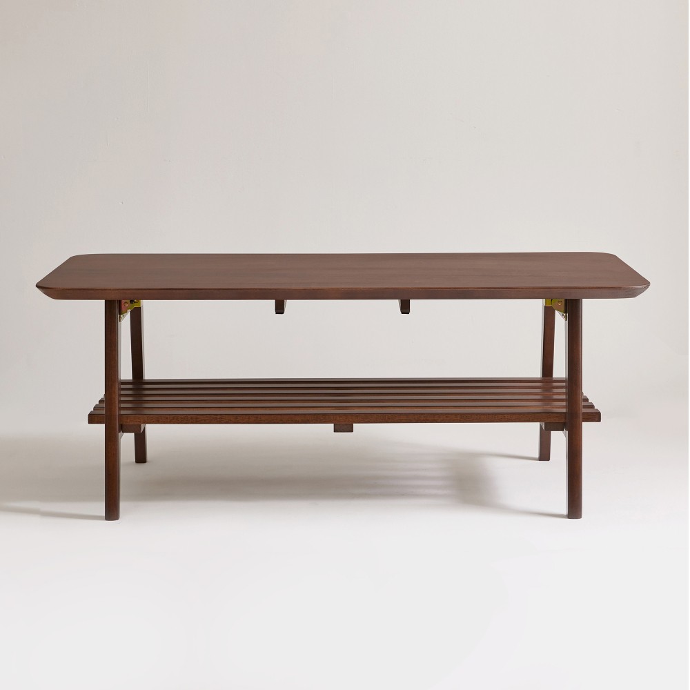 Walnut Brown Wooden Coffee Table, Mid-Century, Rectangular with Storage Shelf