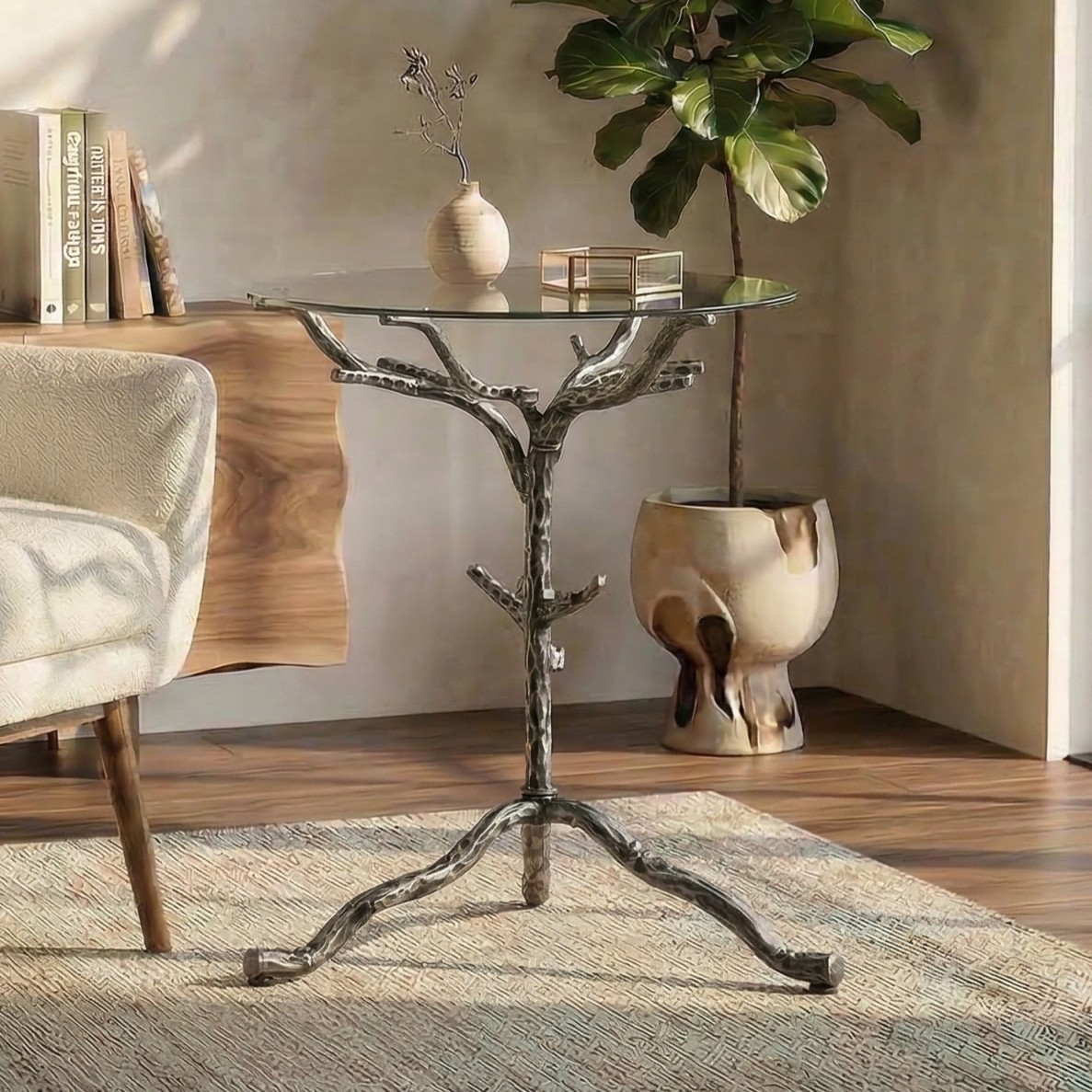 Round Glass End Table with Metal Base Side Table for Living Room Accent Table