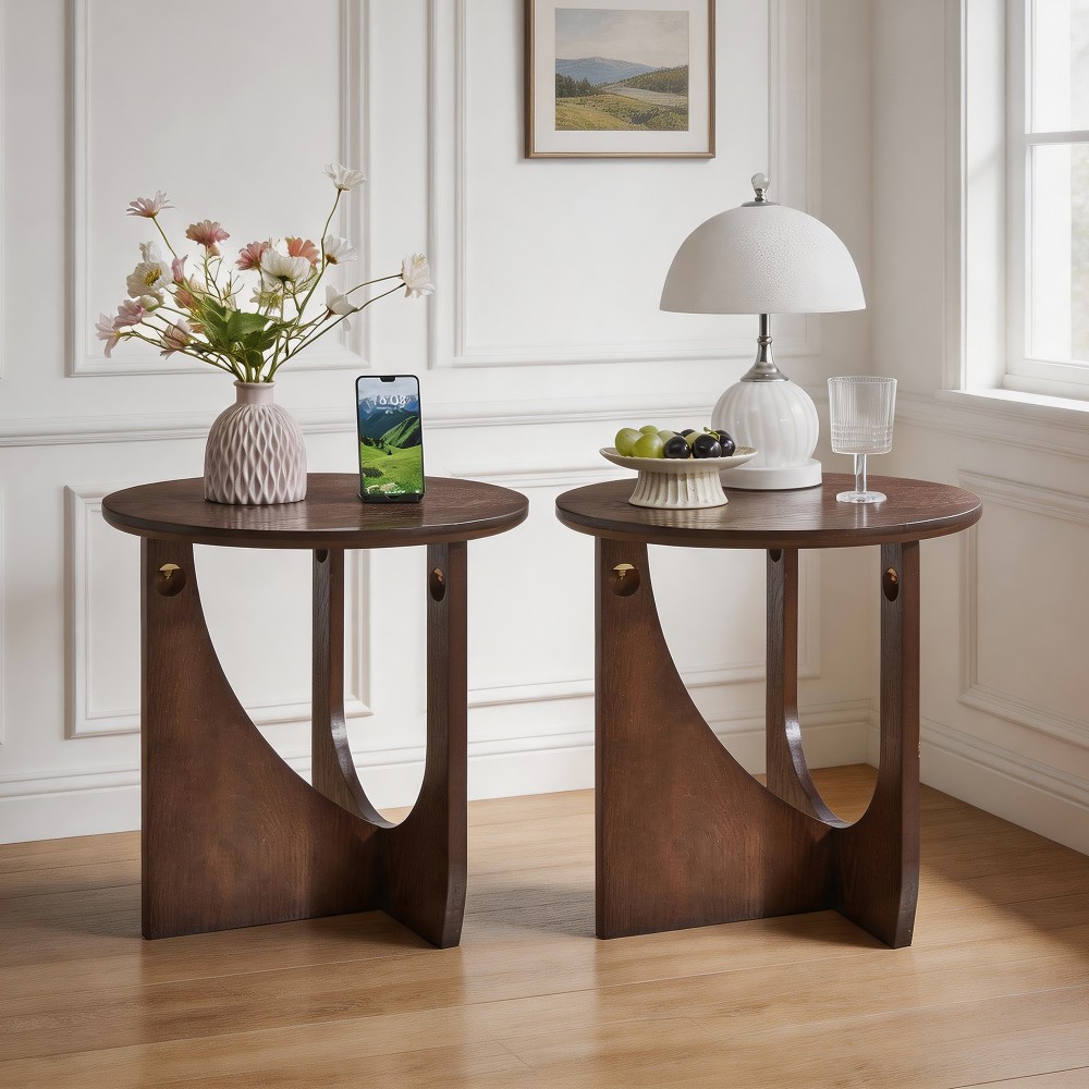 2-Piece Solid Wood Edge Table Set, Natural Wood, Minimalist Center Table