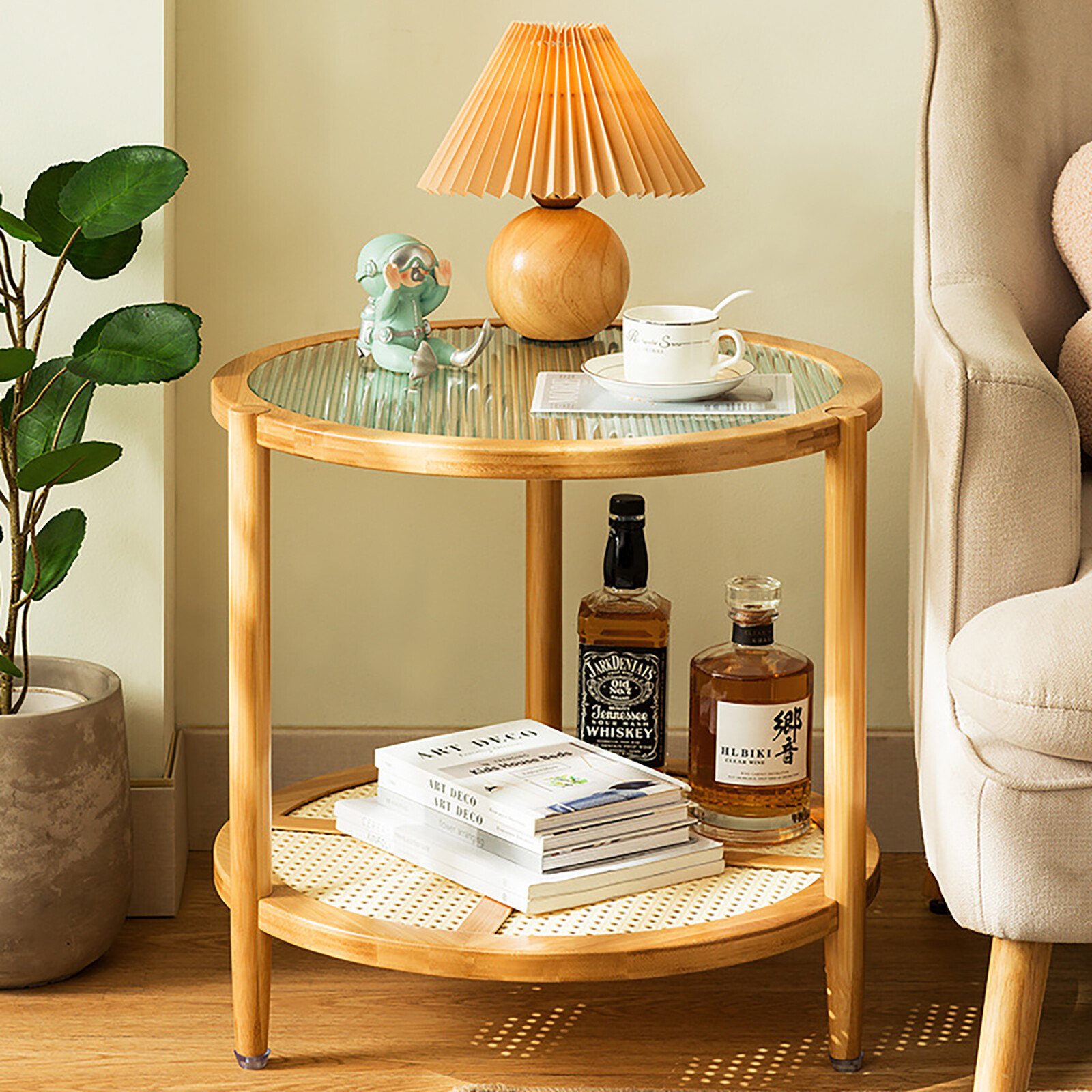 Round Coffee Table,Wood Living Room Table 2 Tiers Indoor End Table Free Standing