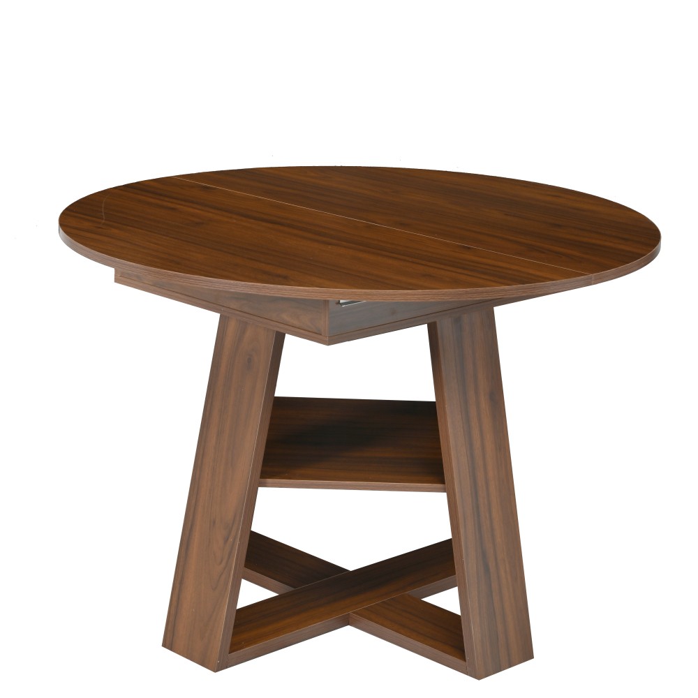 43-59″ Extendable Round Dining Table, Walnut, Space-Saving with Storage Shelf