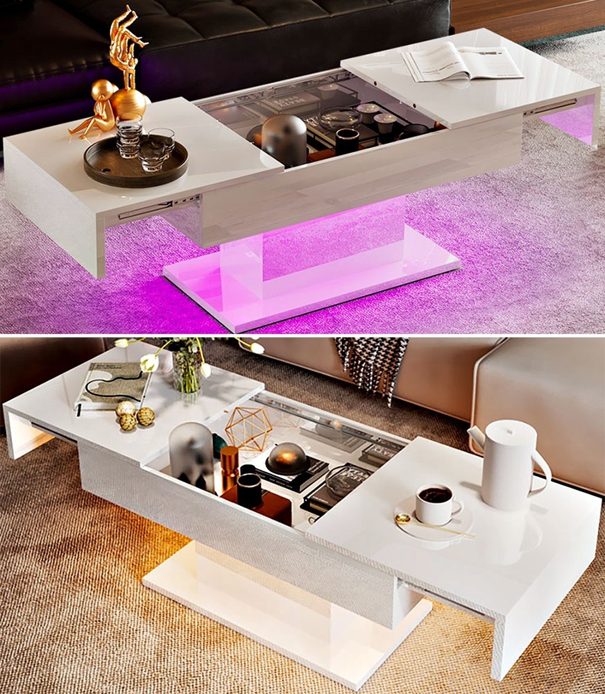 RGB LED MODERN COFFEE TABLE WITH HIDDEN STORAGE 69″ EXTENDABLE SLIDING TOP WHITE