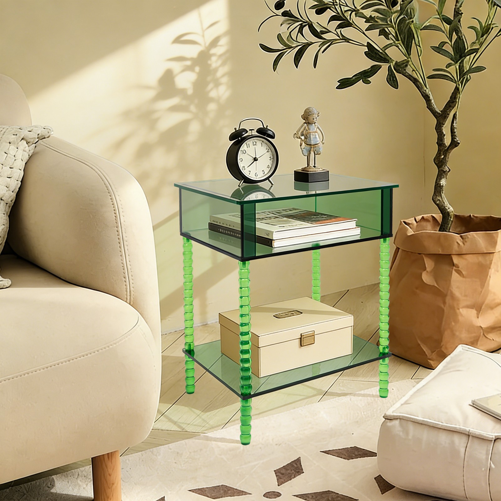 Acrylic Side Table End Table w/ Storage Nightstand for Living Room Bedroom Green