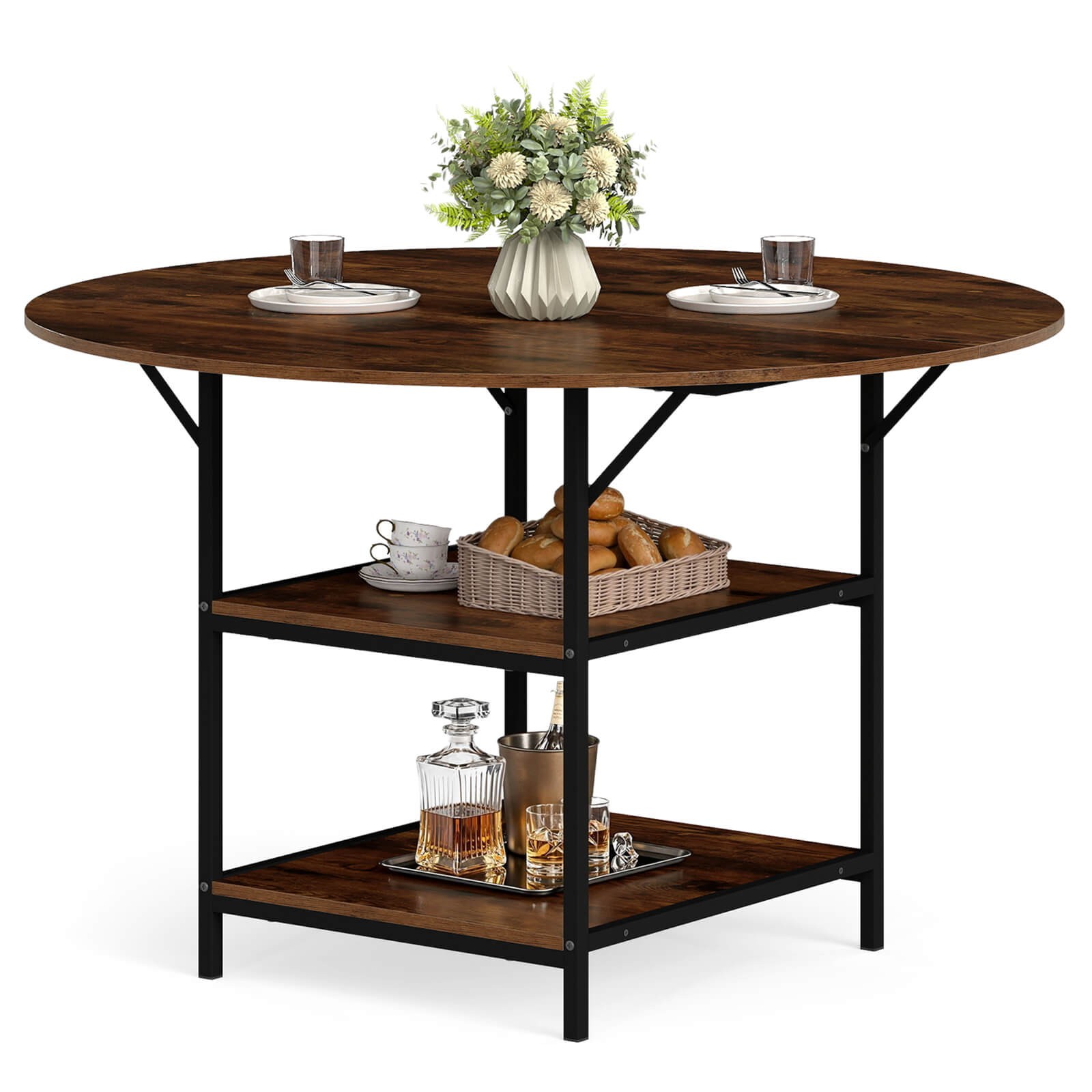 47″ Round Dining Table for w/2-Tier Storage Shelves & Heavy-Duty Metal Frame