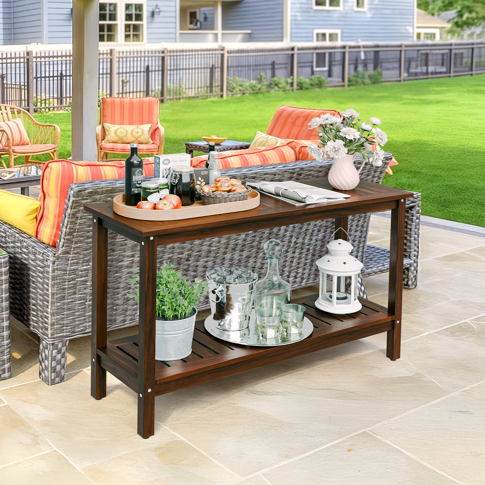 Outdoor Wooden Console Table with 2 Tier Shelf Patio Side Accent Table Coffee