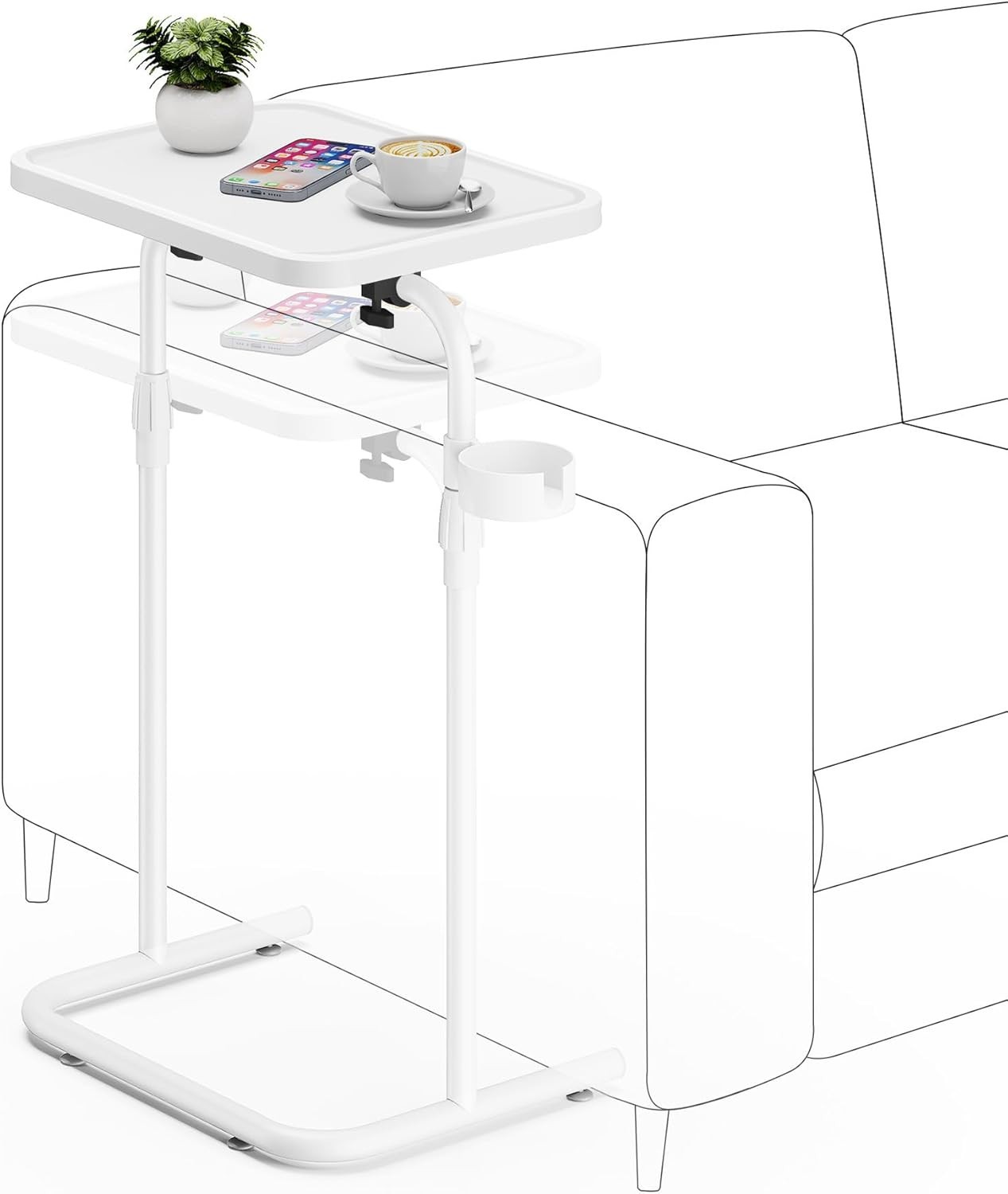 Stylish White C-Shaped Couch Table – Adjustable Height and Space-Saving Design