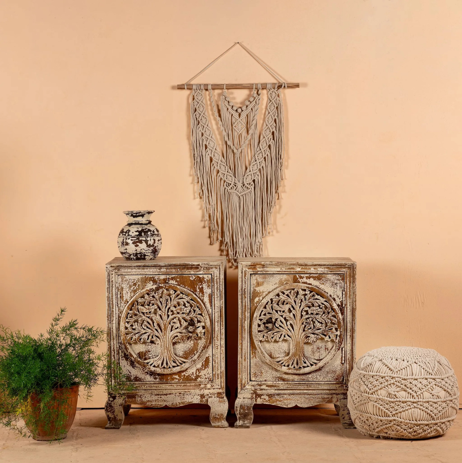 Artisan Handmade Bedside Table Solid Wood Hand Carved 19.7 × 15.7 × 27.6 inches