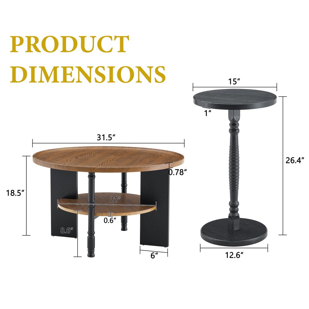 Round Coffee Table Side Table 2 Piece Set with Storage Shelf PVC Surface MDF