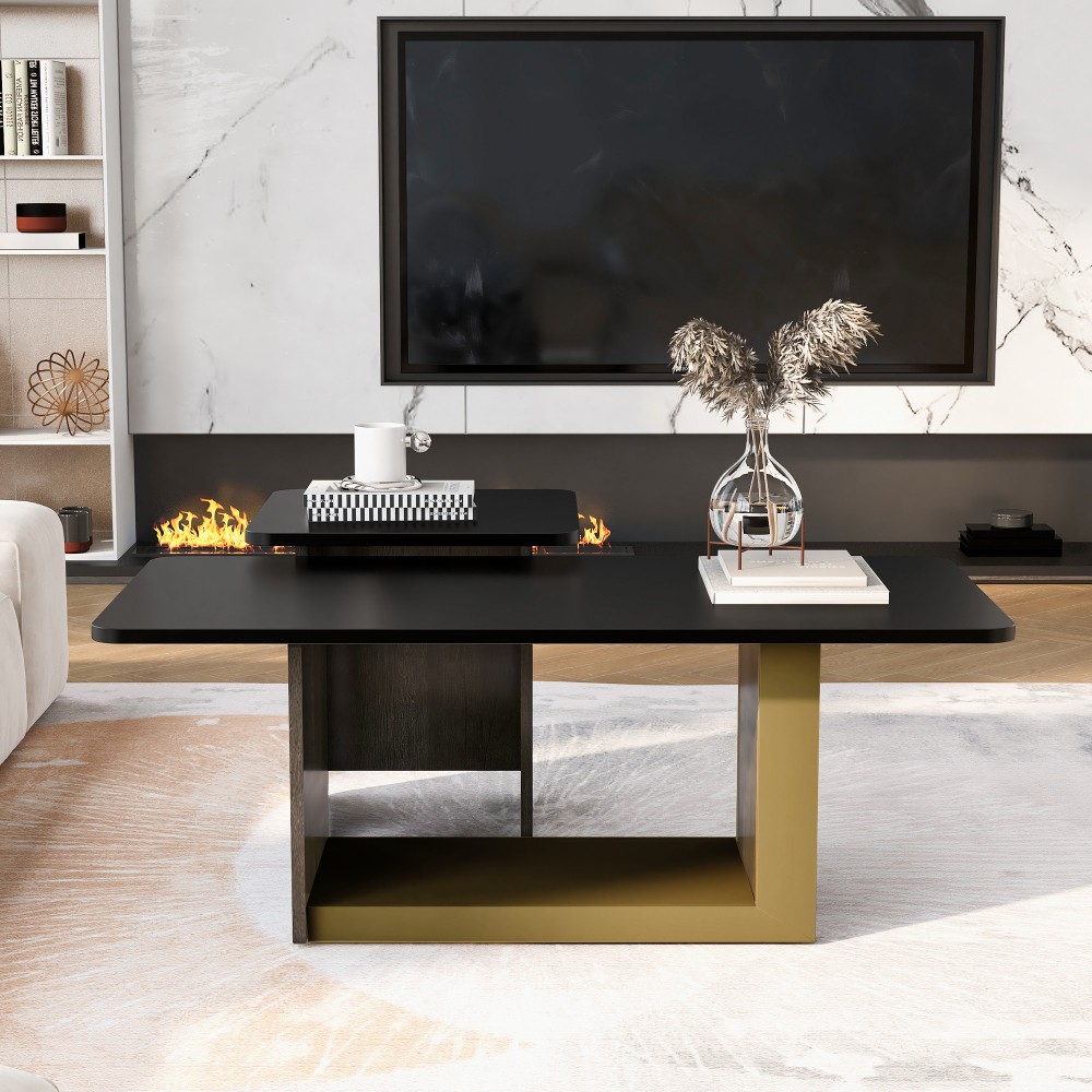 Modern Square Coffee & End Table Set of 2, Black, for Living Room, MDF & Metal