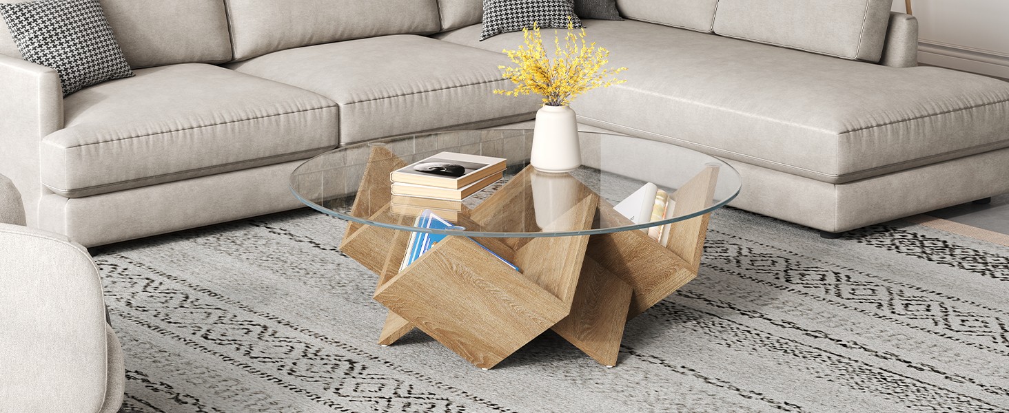 Modern Round Coffee Table with Tempered Glass Top and Geometric Art Deco Storage