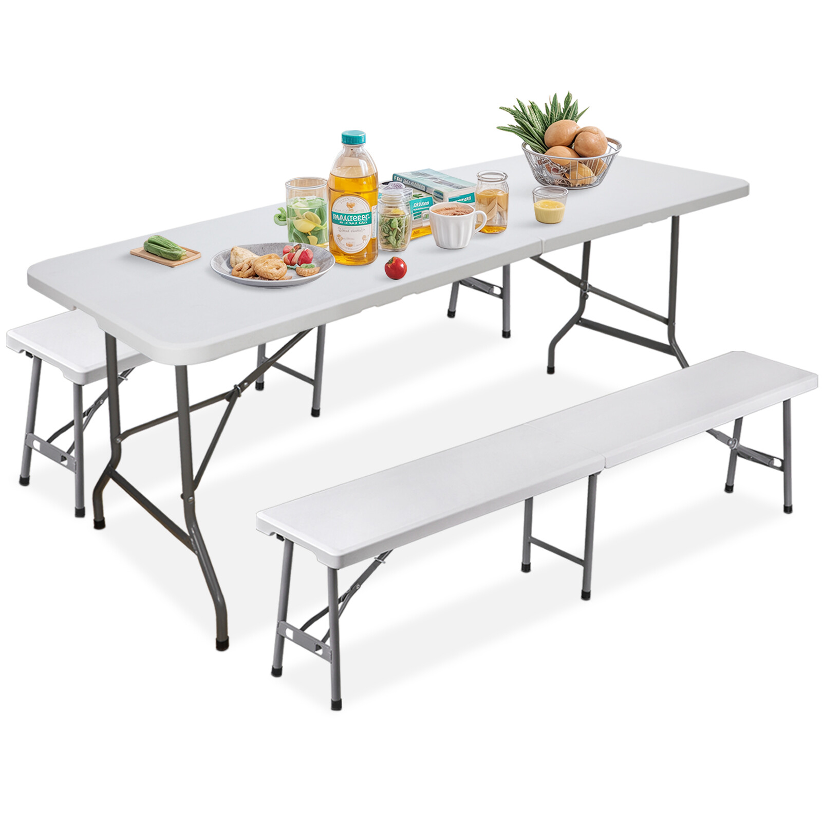Folding Table Set w/2 Benches 6FT Camping Picnic Table Set Outdoor Indoor White