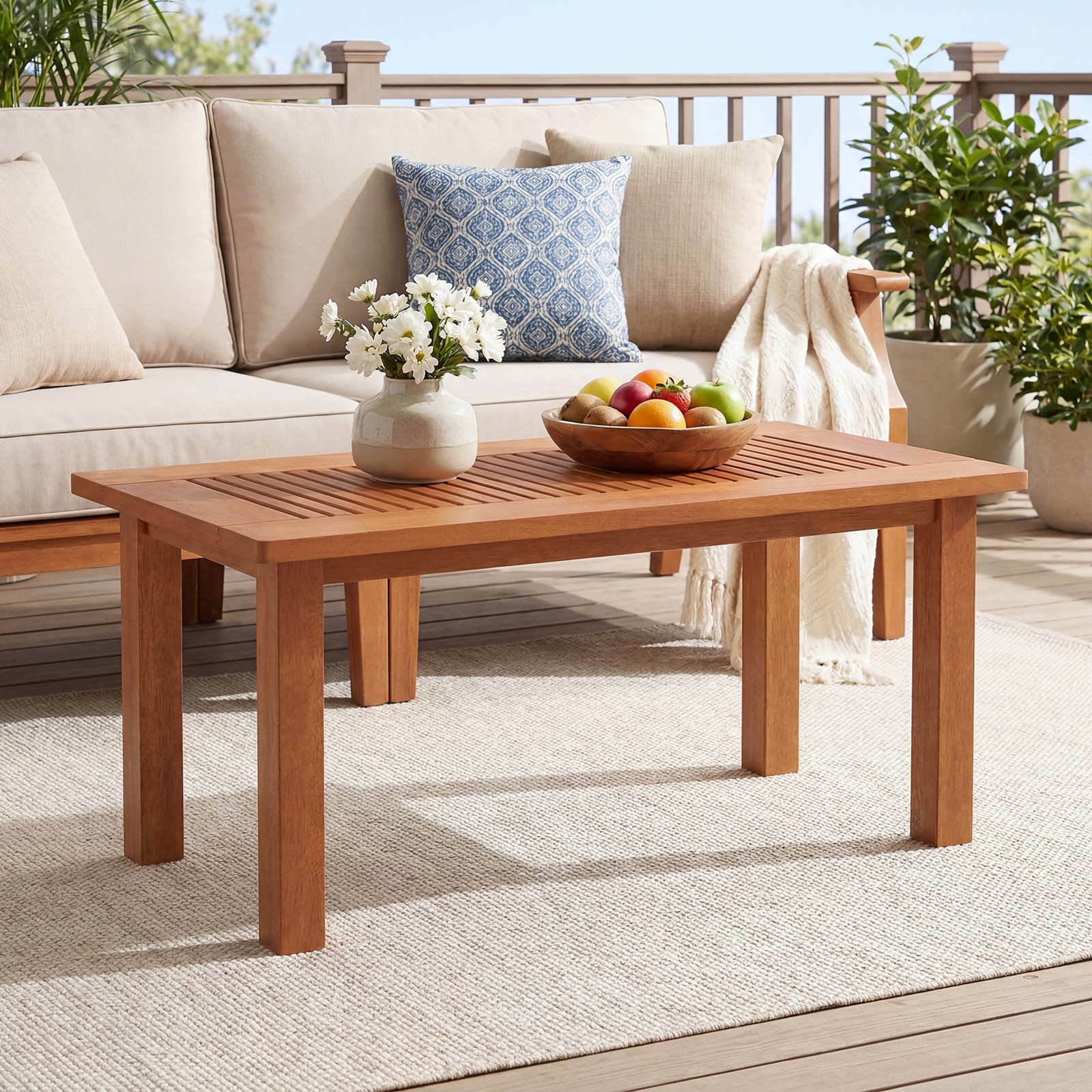 35.5 Inch Outdoor Coffee Table w/Slatted Top, Teak Oil Finish for Deck, Garden