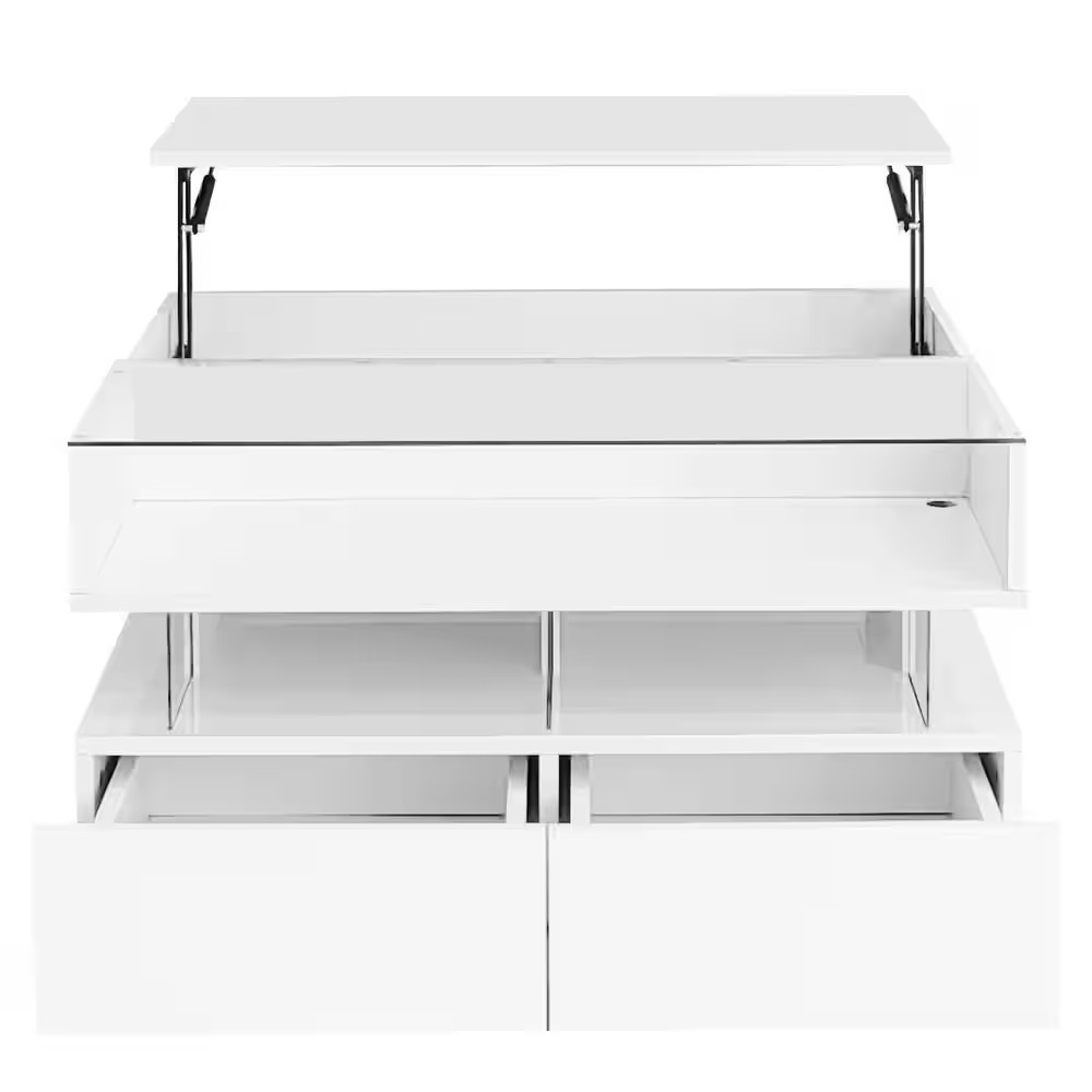 29.5 In. White Lift-Top Square Glass Top Coffee Table with 2 Drawers, High-Gloss