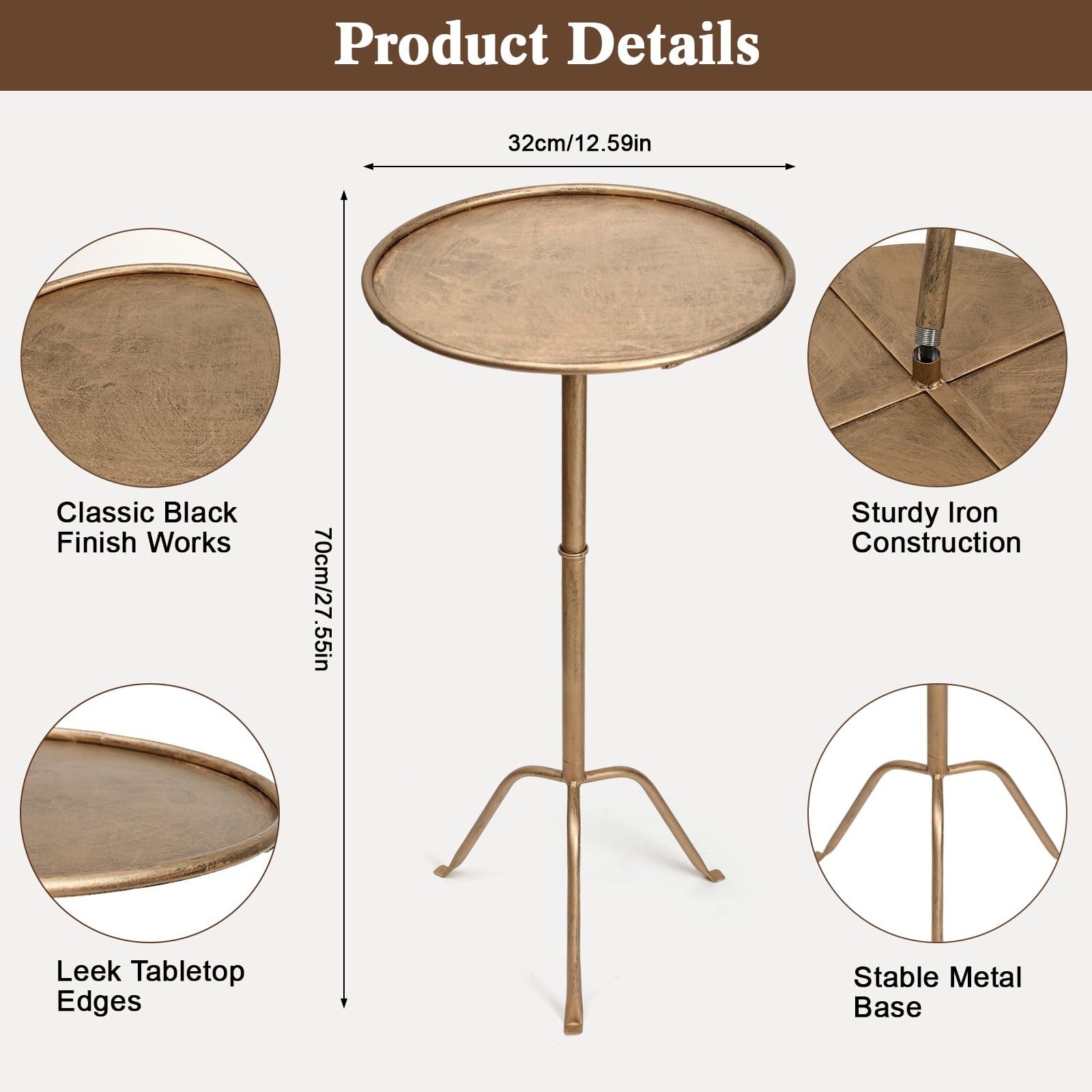 Antique Brass Metal Martini Side Table – Compact Art Deco Cocktail Table