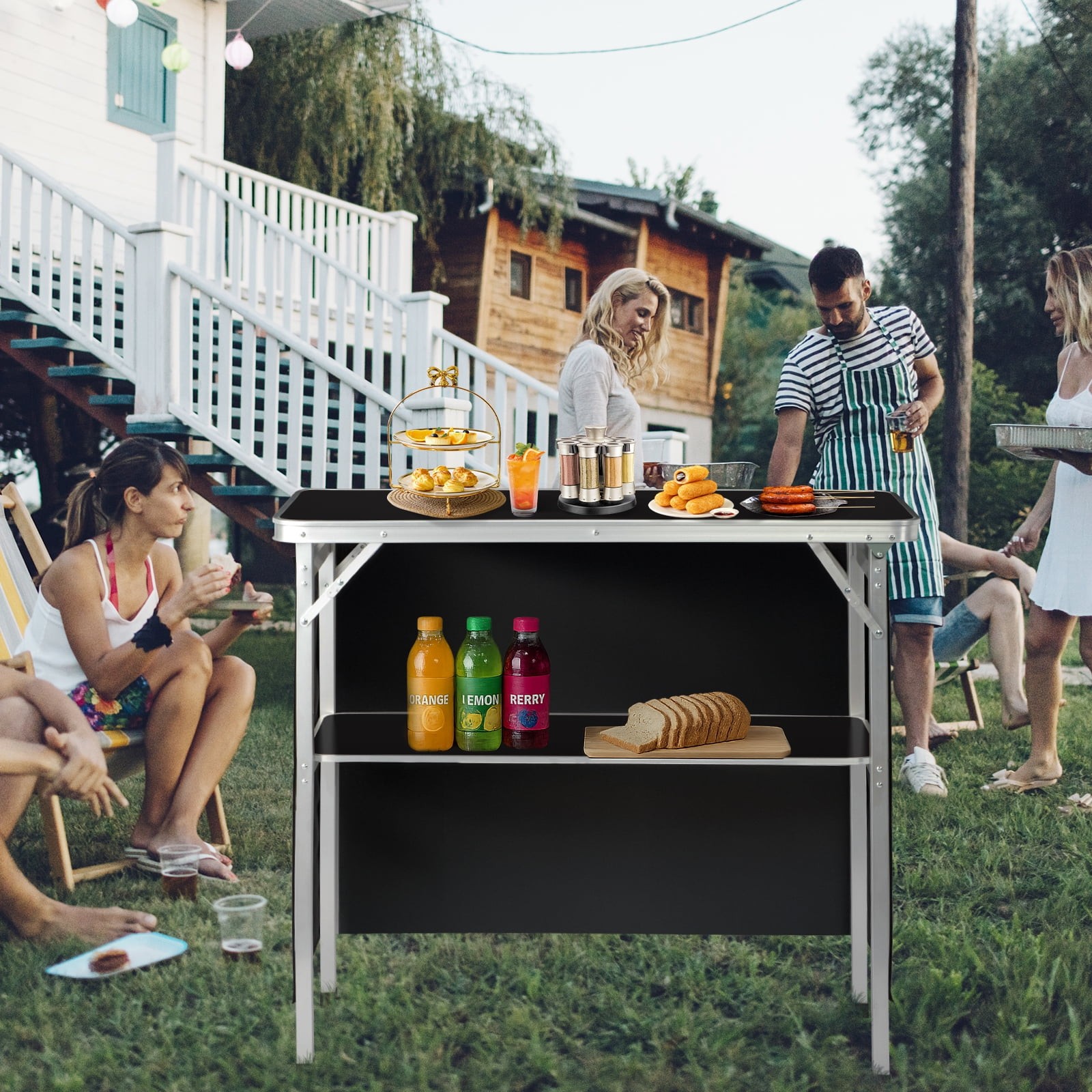 39 Inch Portable Folding Bar Table with 3 Tier Shelves and Carry Bag In /Outdoor