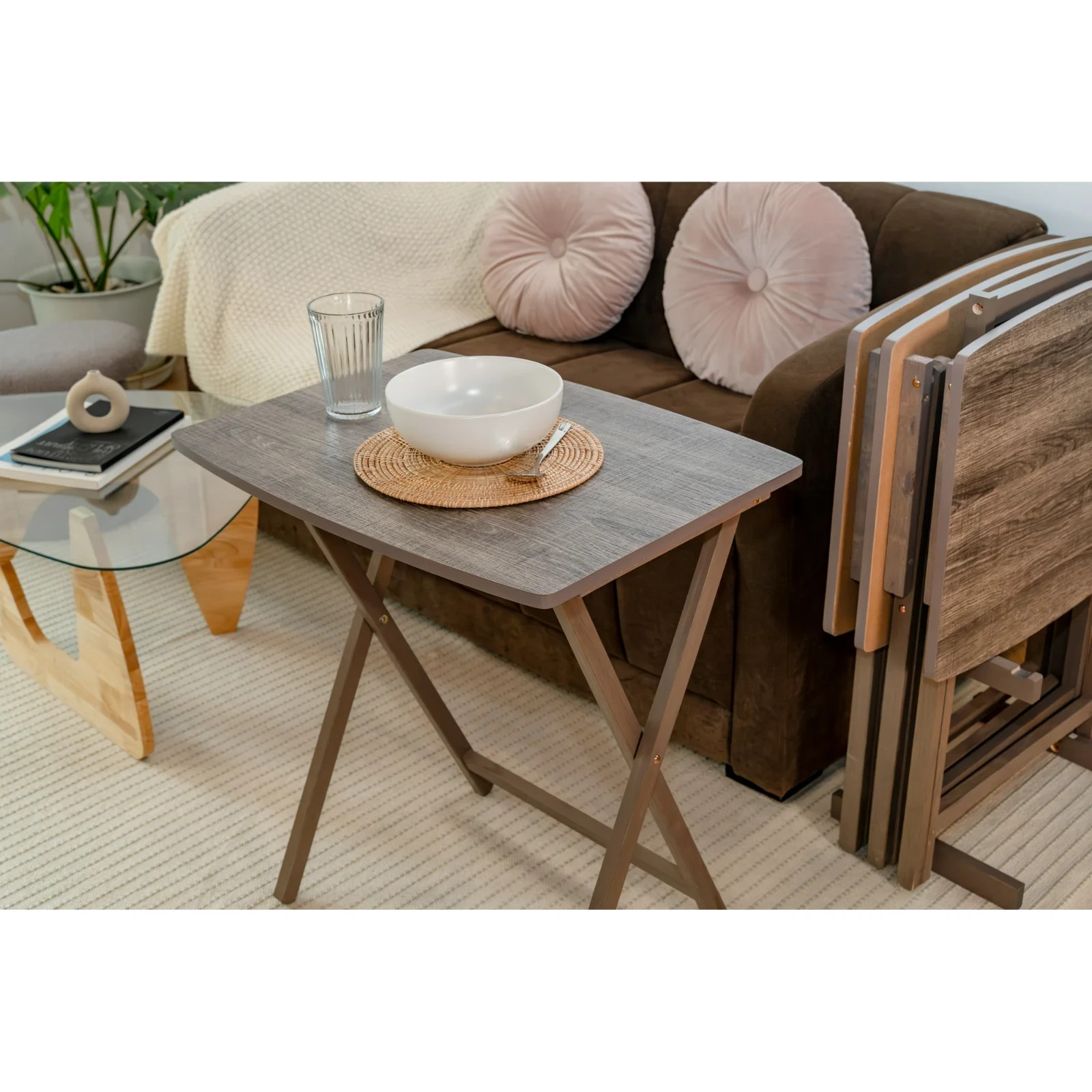 Set of 5 XL Oversized TV Trays Table Wood Home Folding Side Dinner Tray w/ Stand
