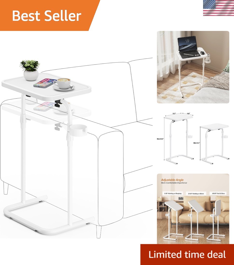Stylish White C-Shaped Couch Table – Adjustable Height and Space-Saving Design