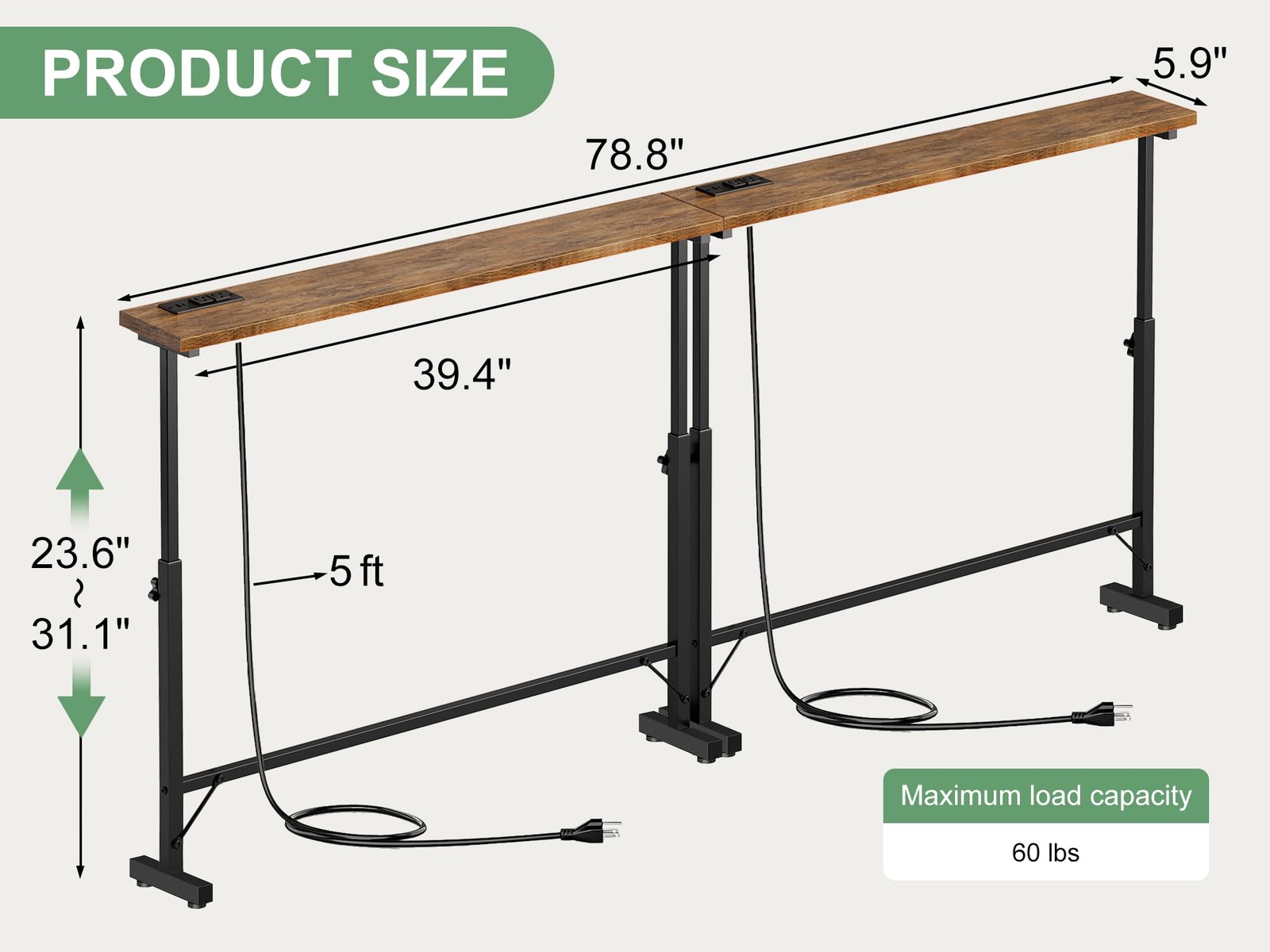 2 Pack 79″ Behind Couch Table with Adjustable Height Narrow Console Sofa Tabl…