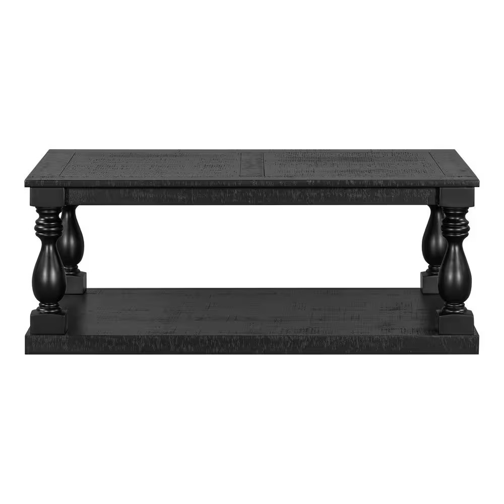 Rustic 43.5 In. Black Rectangle Solid Wood Coffee Table with Storage Shelf, Arti