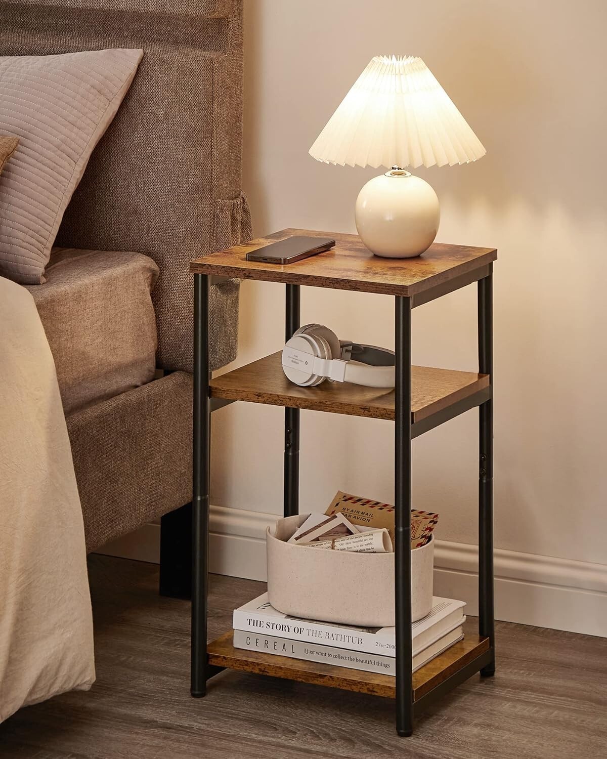 Compact 3-Shelf Side Table – Versatile Rustic Brown & Black Finish for Any Room