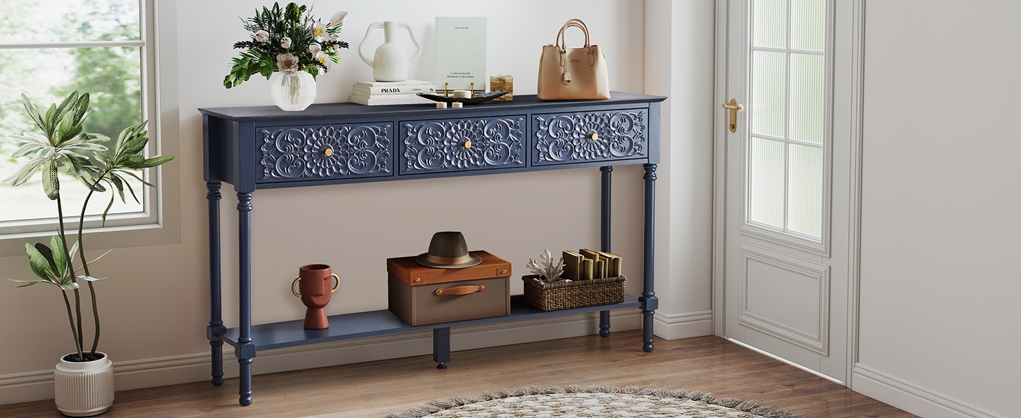 55.5″ Carved Console Table with 3 Drawers, 2-Tier Sofa Table with Glossy Floral