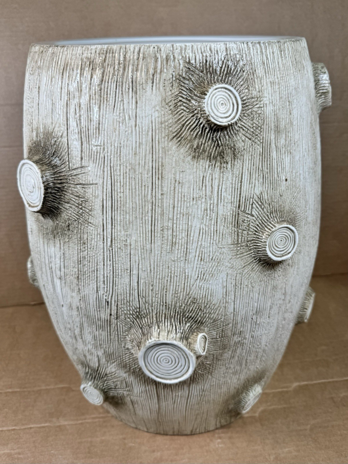 Ceramic Tree Stump Garden Stool Side Table White Textured Rustic Organic Natural