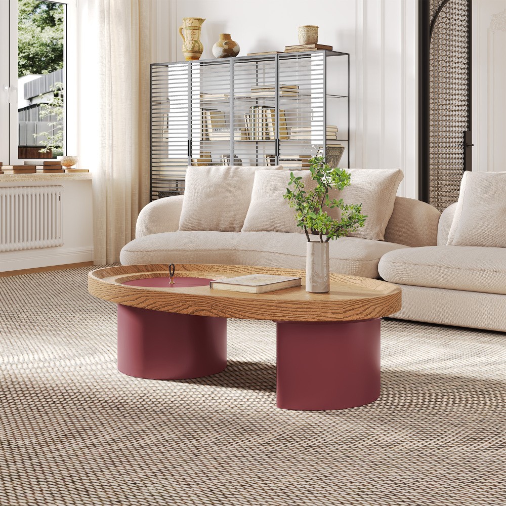 45.3″ Oval Wood Coffee Table, Walnut Top Red Legs with Storage, Mid-Century