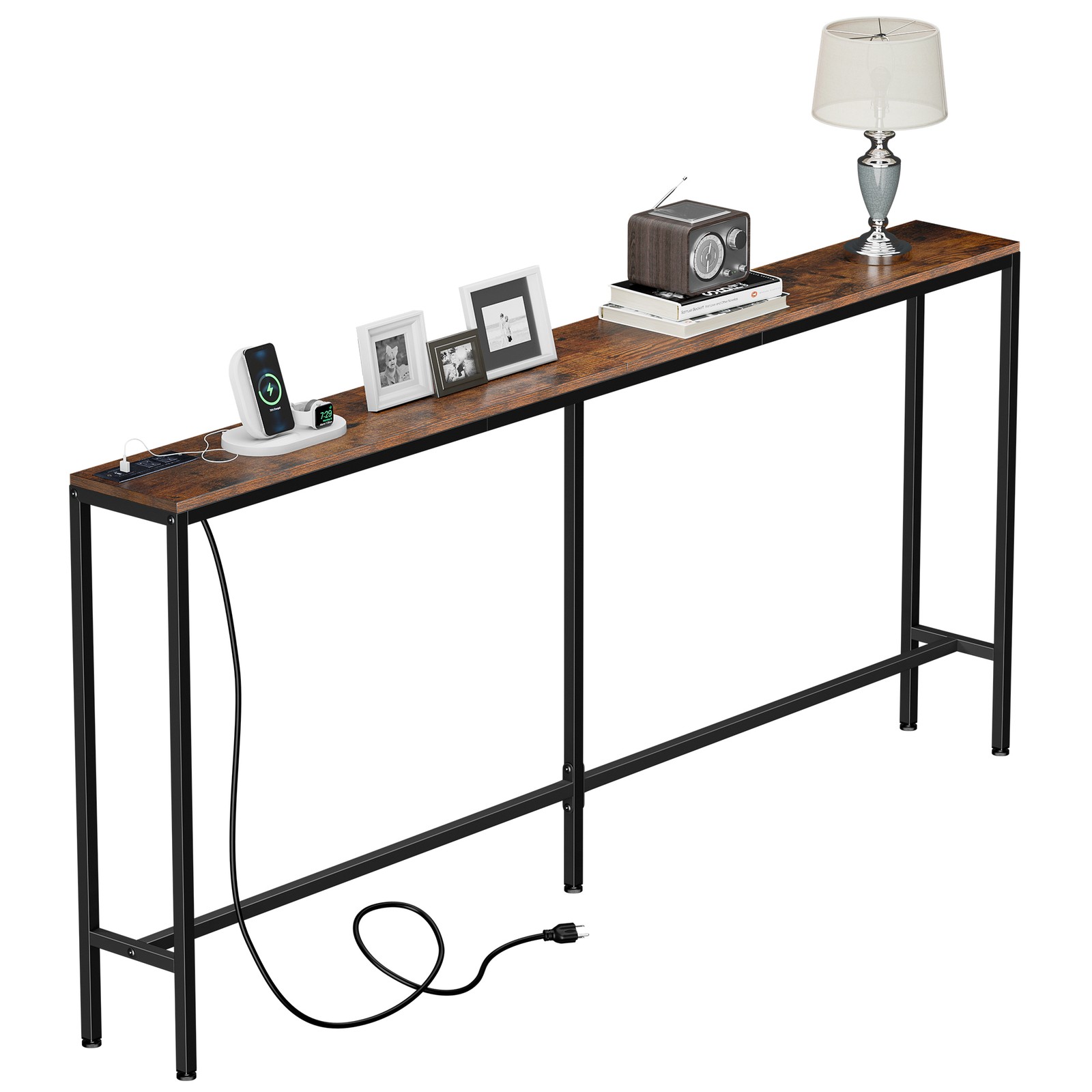 70.8″ Narrow Console Table w/ Power Outlet Behind Couch Sofa Table Rustic Brown