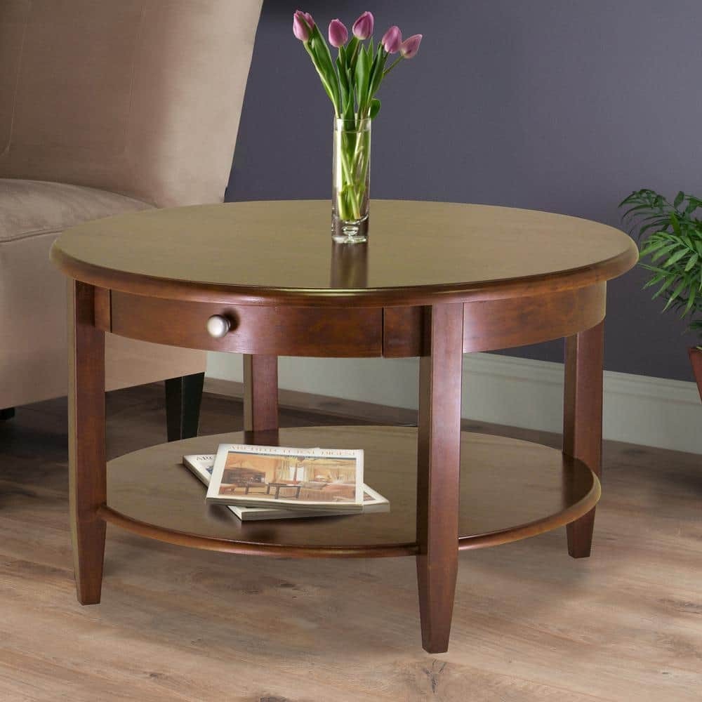 Coffee Table 30 in. Round Classic Walnut Brown Medium Wood Drawers Tapered Legs