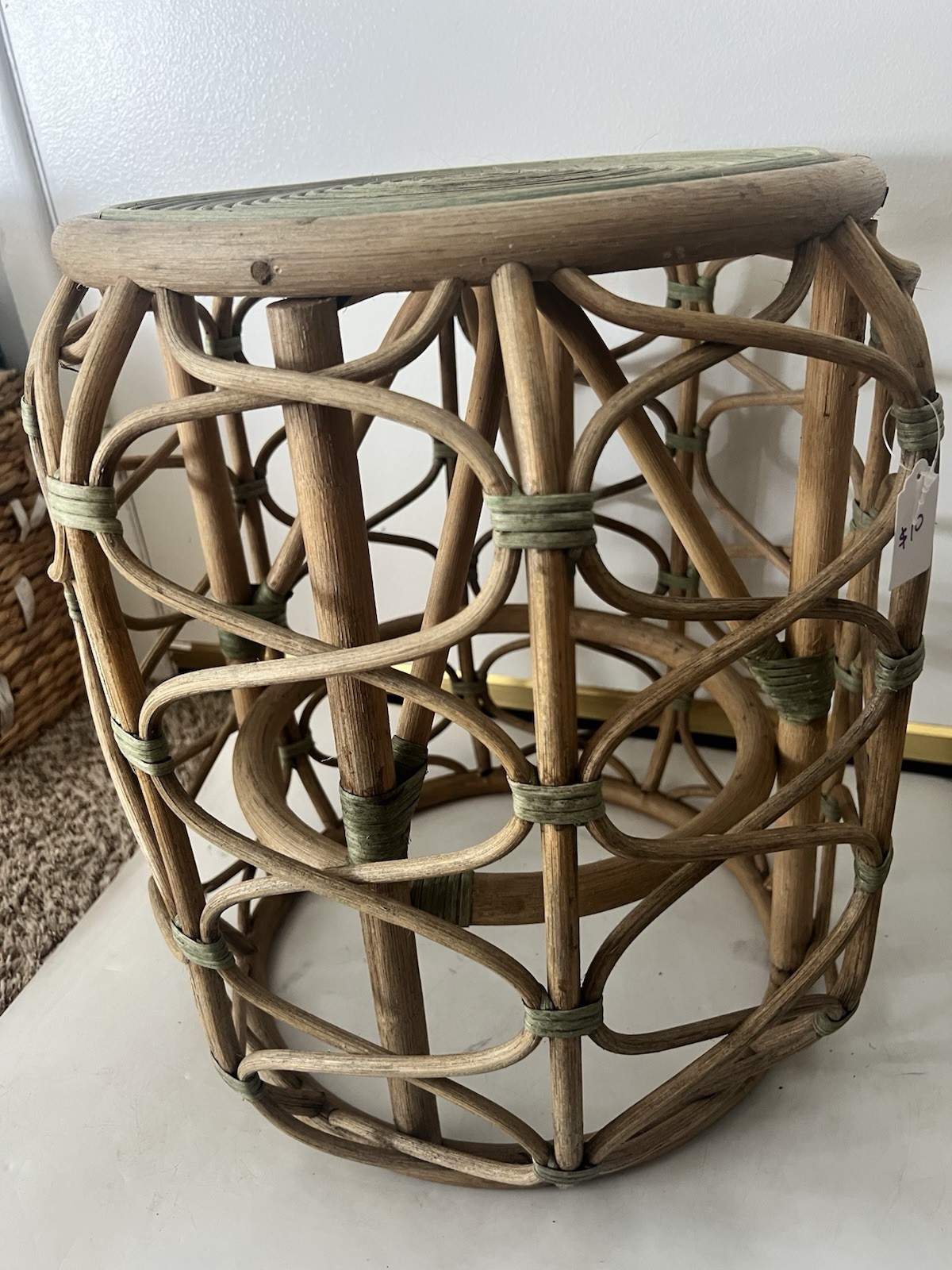 Vintage Rattan Bamboo Side Table Plant Stand Coiled Top Accent Boho Chic MCM