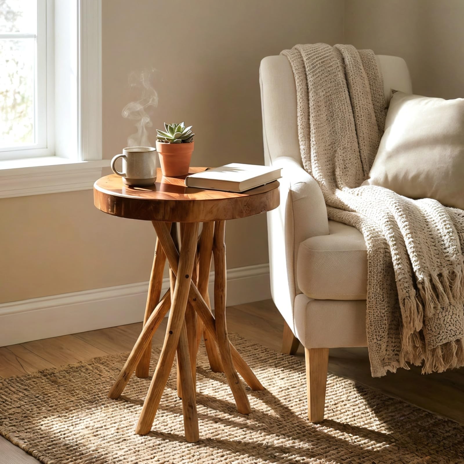 Teak Wood Stick Leg End Table, 16″ L x 16″ W x 20″ H Rustic Side Table, Small…