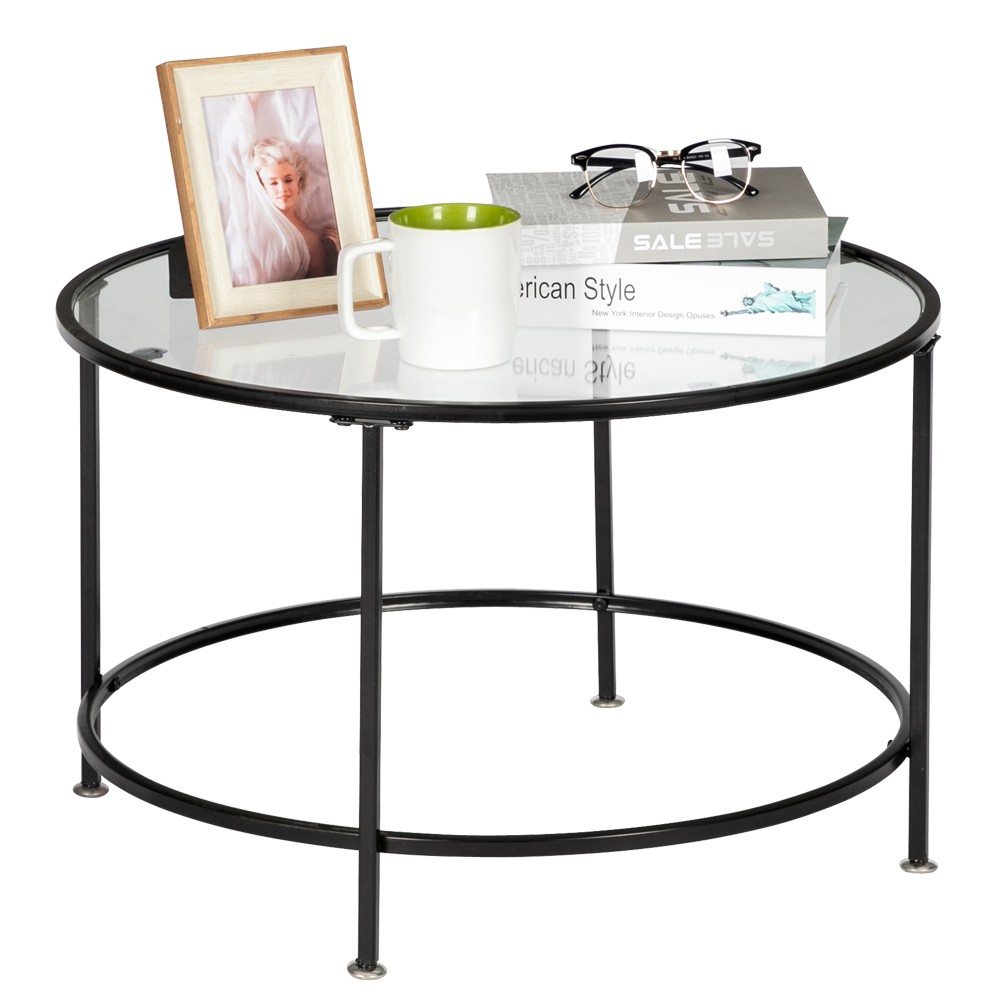 2 Layers 5mm Thick Tempered Glass Countertops Round Wrought Iron Coffee Table