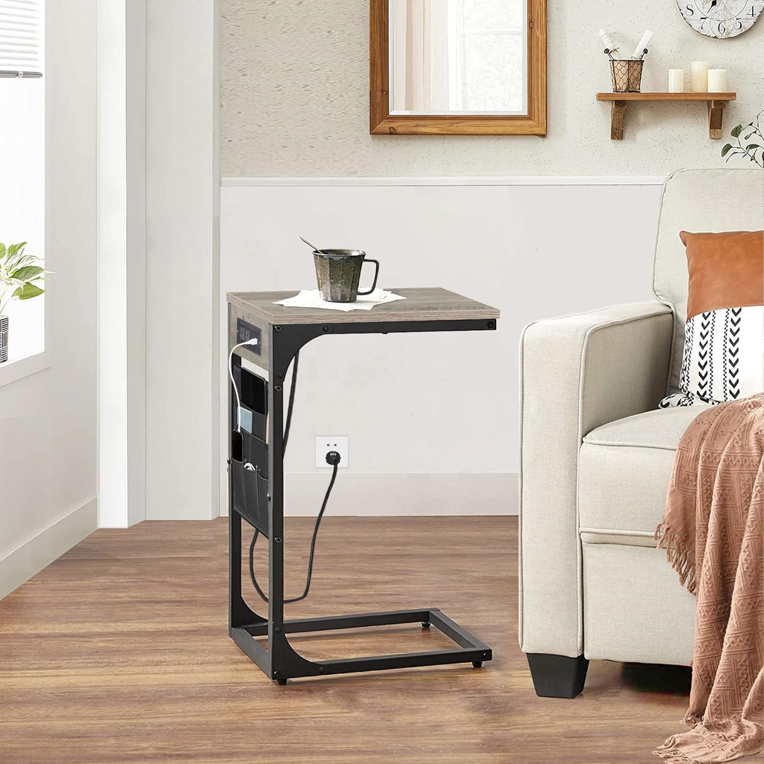 C Shaped End Table with Charging Station, Side Table for Sofa, Couch Table with