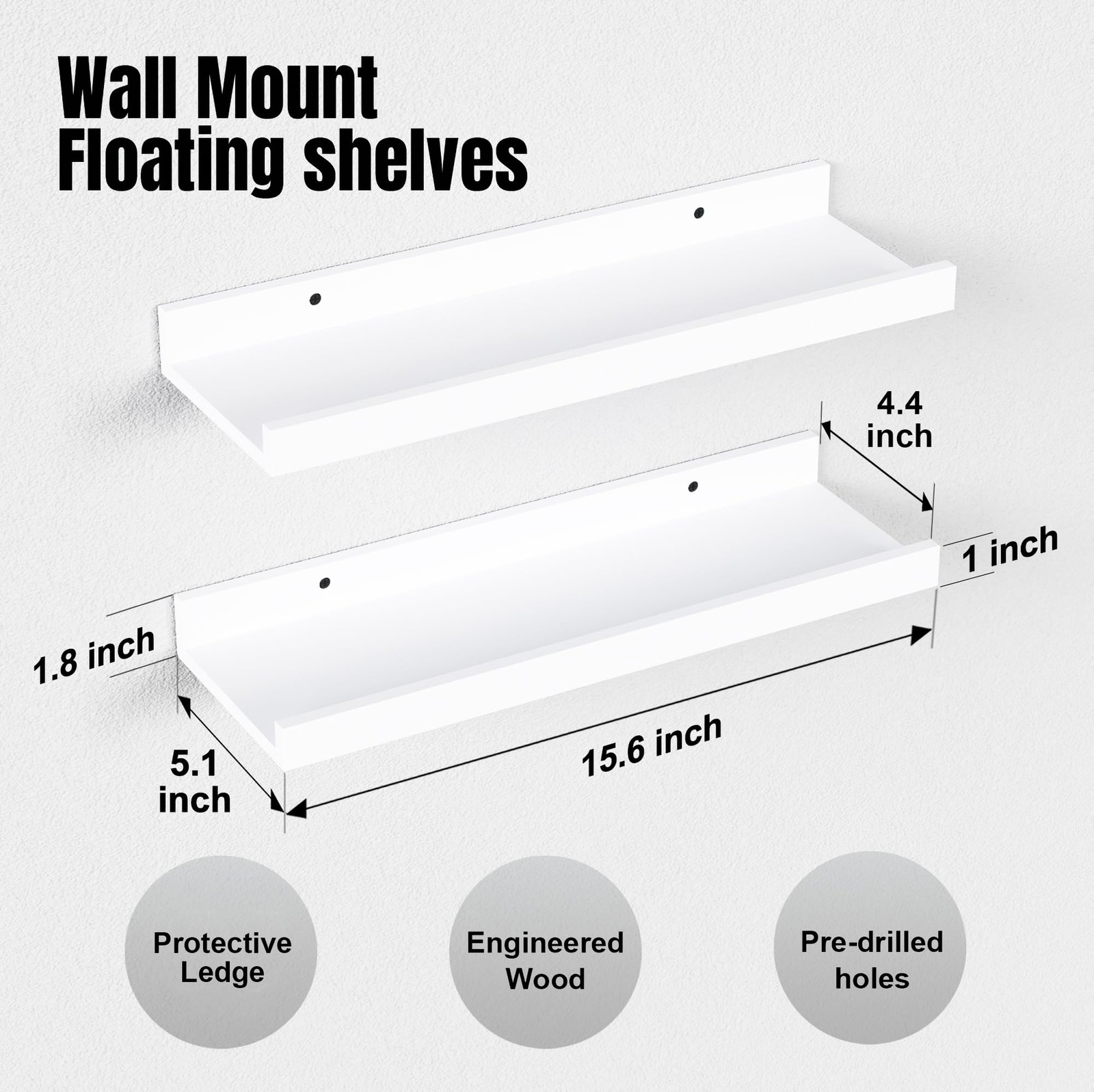 Boswillon Floating Shelves Wall Mounted Set of 2, Modern White 15.7 In,