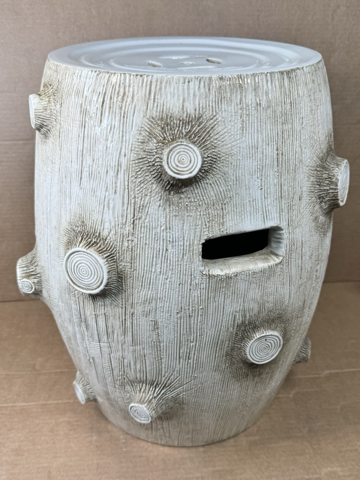 Ceramic Tree Stump Garden Stool Side Table White Textured Rustic Organic Natural