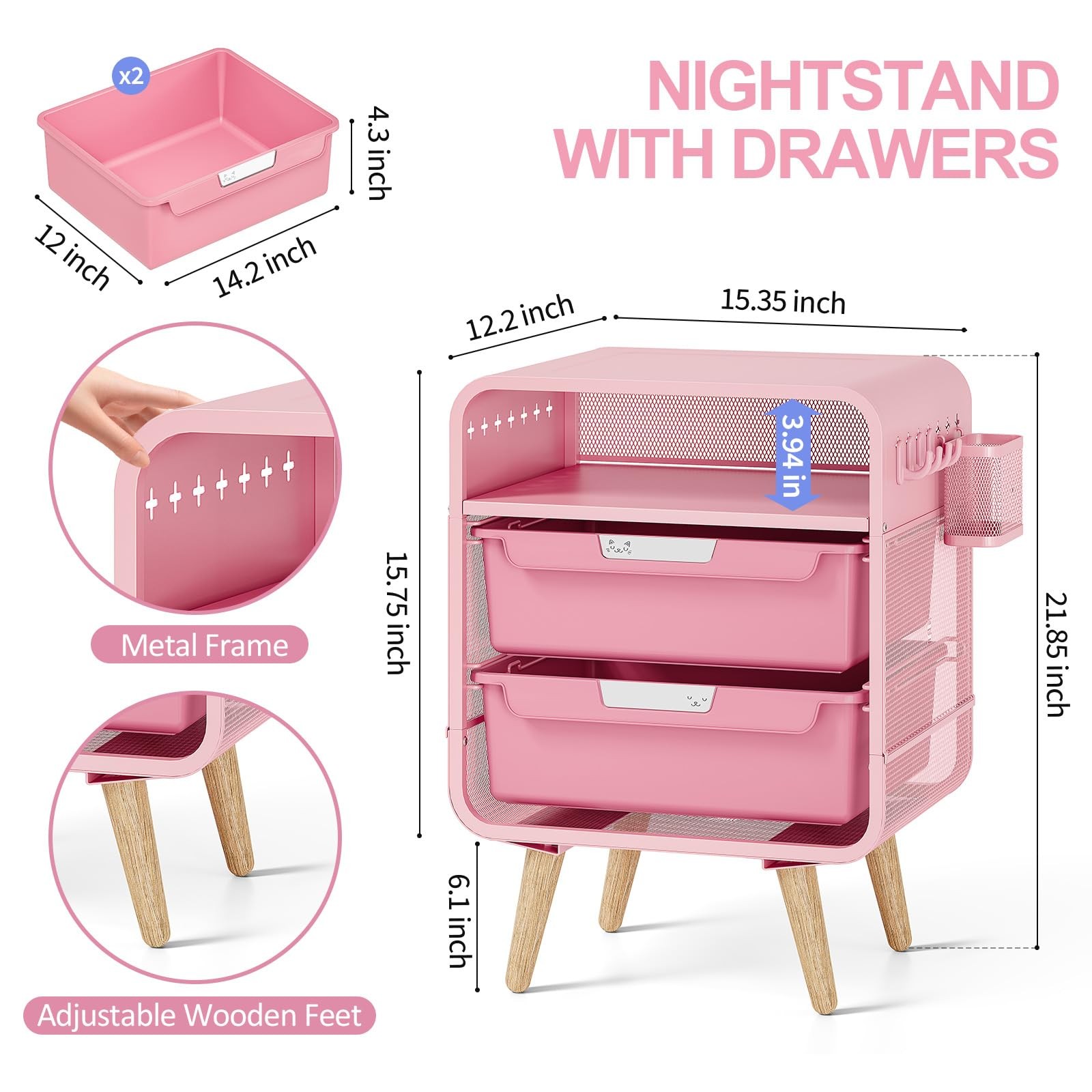 Pink Nightstand, Cute End Table with Storage Drawer, Kids Nightstand for Bedr…