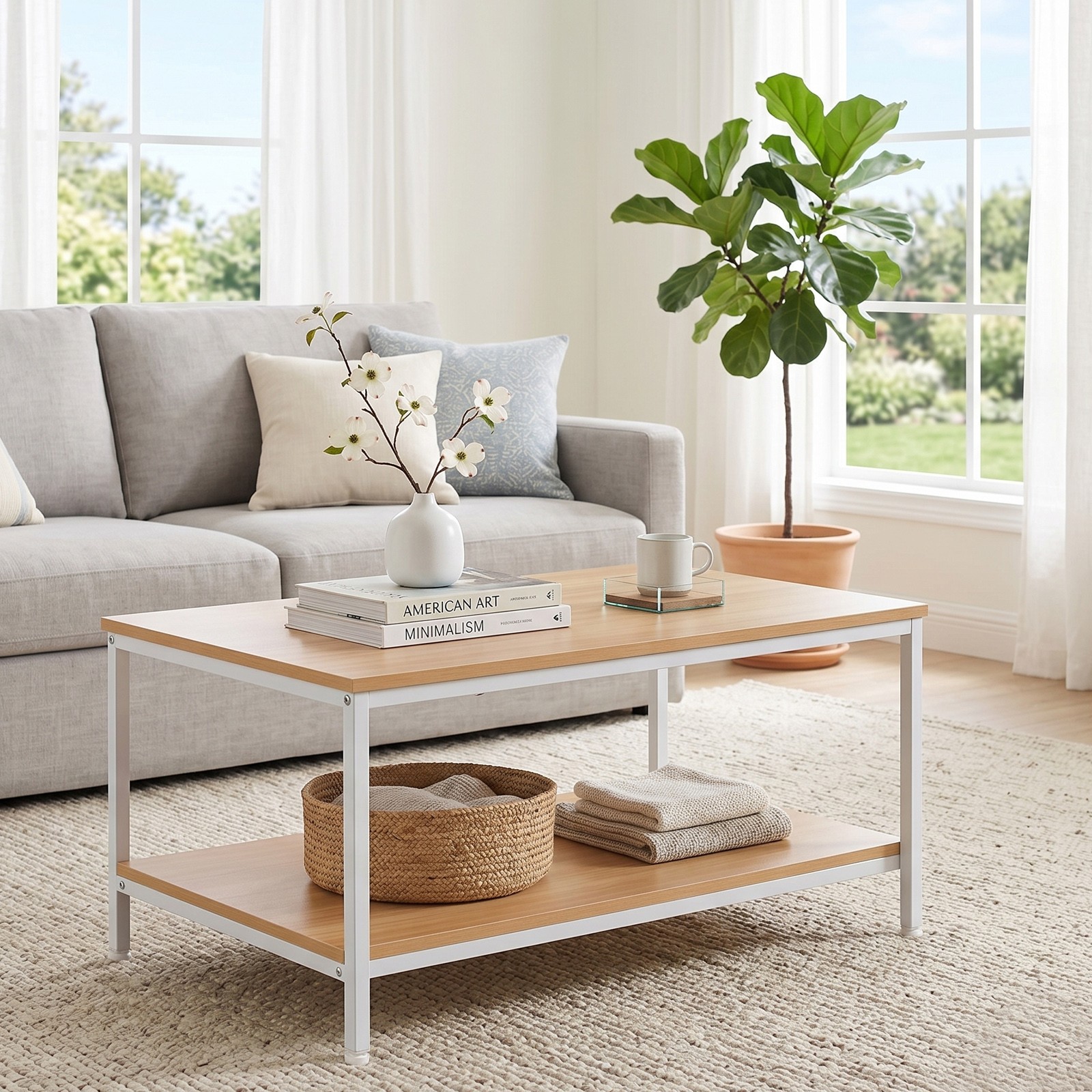 31″ Natural Wood Coffee Table Rectangular Coffee Table w/Storage Shelf Durable