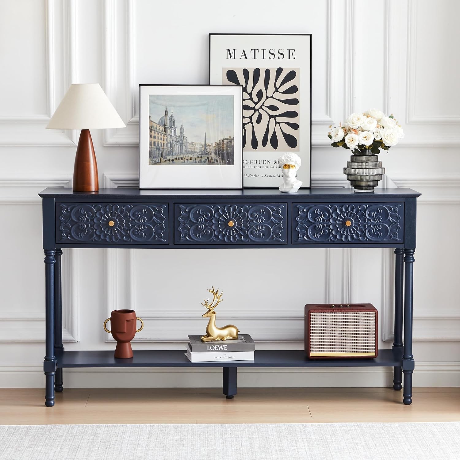 55.5″ Carved Console Table with 3 Drawers, 2-Tier Sofa Table with Glossy Floral