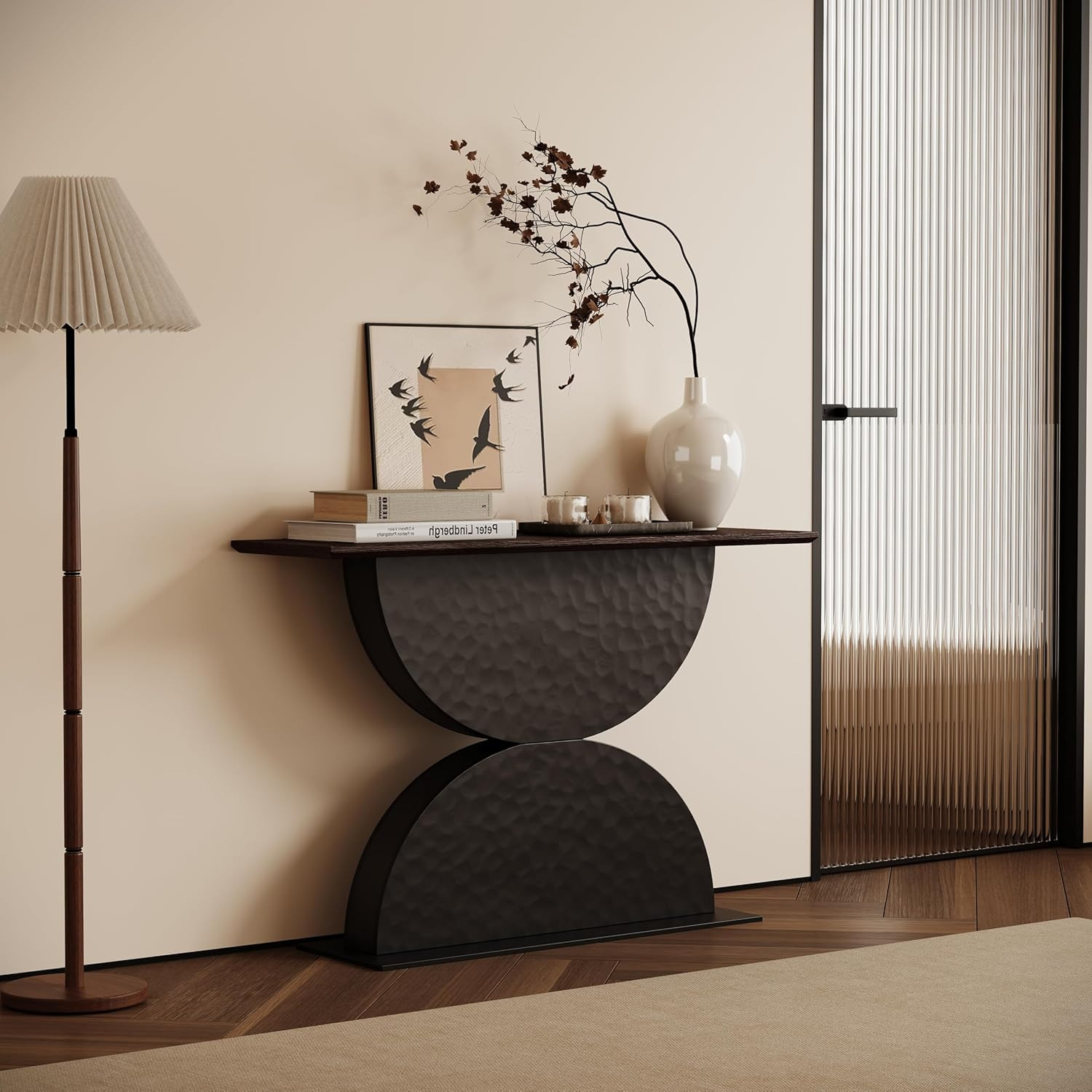 47″ Walnut Black Console Table with 3D Base and LED Light for Any Room