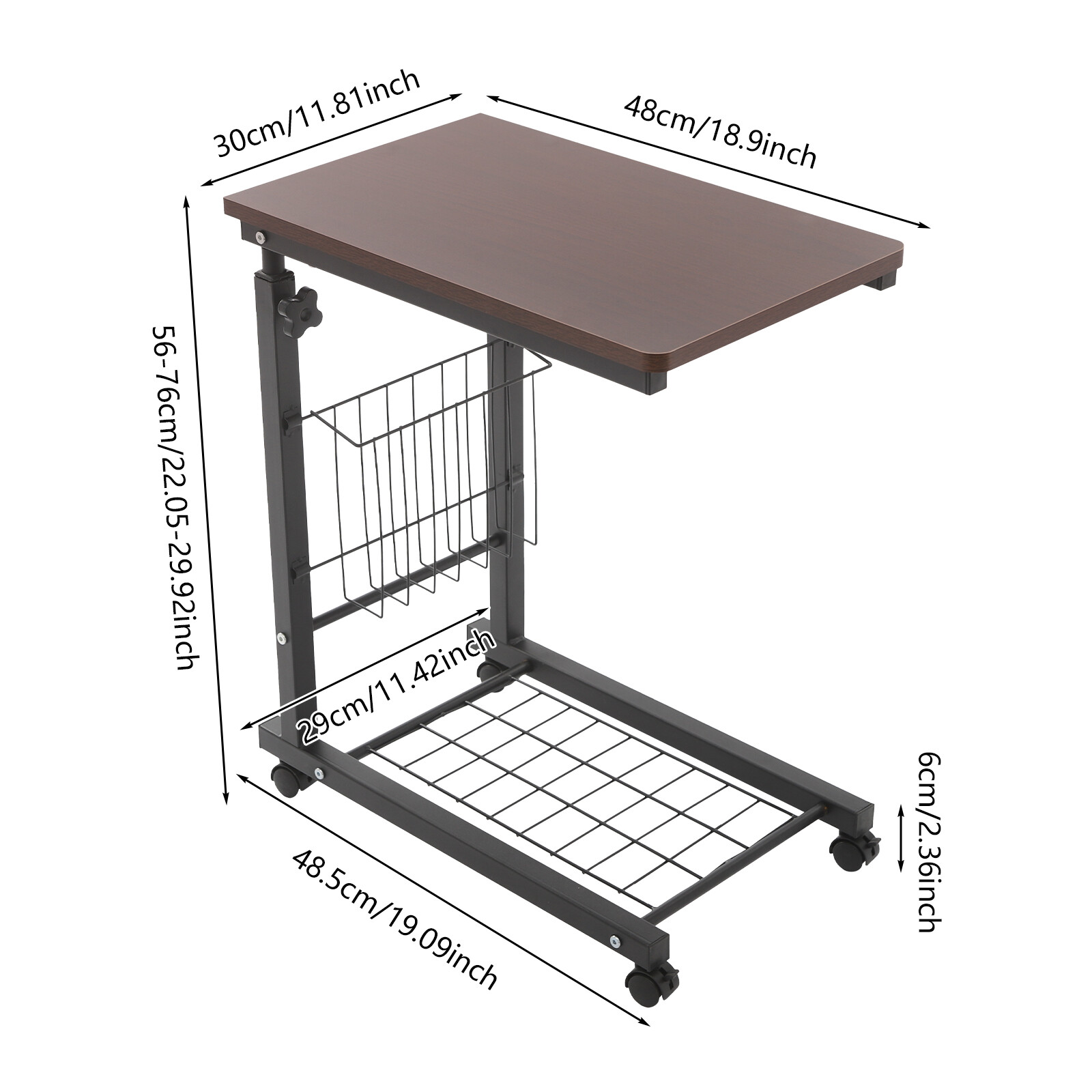 2 Tiers Red Walnut Color Mobile Standalone Adjustable Bed Side Table w/ Wheels