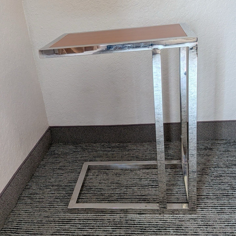 Chrome Metal & Wood C-Shaped End Side Table, Rectangular, 18x12x23.5