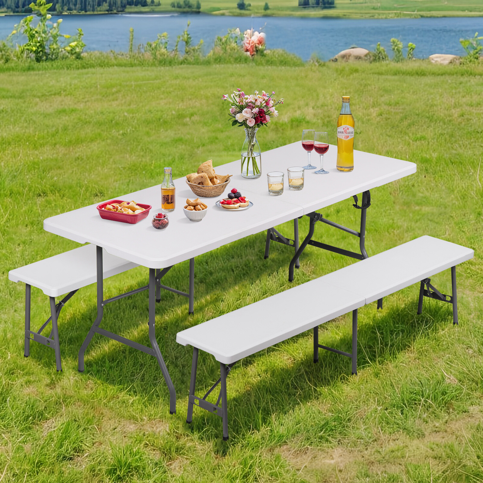 Folding Table Set w/2 Benches 6FT Camping Picnic Table Set Outdoor Indoor White